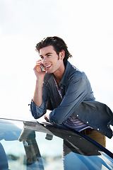 Image showing Phone call, car and young man with smile for weekend trip, vacation or holiday in countryside. Happy, vehicle and male person from Canada on mobile conversation for travel, transport and adventure.