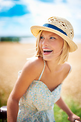 Image showing Funny woman on bicycle in the countryside, happiness and travel on journey or thinking outdoor. Smile, bike and excited person laughing at field on transport, freedom and cycling in nature in summer