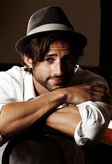 Image showing Portrait, fashion and man with a hat, stylish and confidence with arms crossed, success and proud. Face, person and guy with a white shirt, smart casual and luxury with happiness, aesthetic and relax