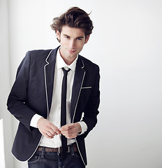 Image showing Fashion, smile and portrait of man in a studio with formal, classy and elegant outfit for confidence. Handsome, blazer and young male model with trendy and cool style isolated by white background.