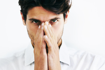 Image showing Portrait, sick and man covering nose, allergies or disease, cold or fever in studio isolated on a white background. Face, hands and business professional with flu, allergy or virus and bacteria