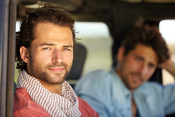 Image showing Car road trip, travel portrait and man on journey, adventure or motor transportation for friendship vacation, tour or getaway. Moving automobile, relax passenger face and person driving in SUV van