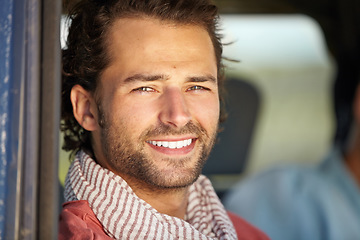 Image showing Car road trip, travel portrait and happy man on journey, adventure or motor transportation for holiday vacation. Moving automobile, happiness and face of passenger, driver or tourist smile in SUV van