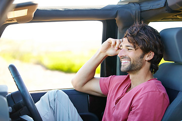 Image showing Car road trip, travel happiness and man on outdoor journey, adventure or motor transportation tour of Australia countryside. Freedom, relax driver and happy person driving in suv, van or vehicle