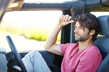 Image showing Car road trip, travel and man looking at direction, detour way and thinking of destination route, journey path or vacation choice. Automobile, adventure and motor transportation person driving in van