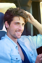 Image showing Car road trip, happiness and face of man on journey route, travel adventure or tour of Spain. Auto vehicle driver, happy tourist and person relax, rest or on driving wellness break in outdoor parking