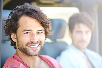 Image showing Car road trip, happy man and portrait of friends, driver or passenger on journey, weekend adventure or Greece tour. Auto vehicle, face and people smile for outdoor driving, street travel or transport