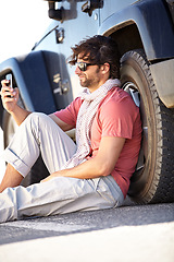 Image showing Car road trip, phone and man reading digital map, location or booking vehicle support service on outdoor journey. Smartphone, transportation van fail and person check GPS, app or guide for SUV van