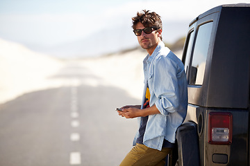 Image showing Car road trip, phone or man looking at direction, traffic way or online travel map, navigation app and waiting for SUV support. Cellphone GPS, 4x4 van problem or driver booking transportation service