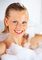 Image showing Happy, woman and morning bubble bath portrait with cleaning, skincare and shampoo treatment. Wellness, girl and smile of a female person with soap in bathroom for hair wash and relax with foam