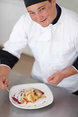 Image showing Chef, fine dining and food with man in portrait at restaurant, catering with nutrition and cooking skill. Decoration, plate and dinner meal with career, hospitality and culinary industry with cuisine