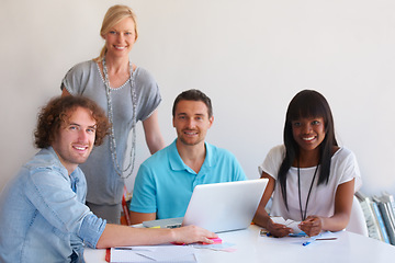 Image showing Business people, laptop and teamwork portrait for meeting, startup project and design planning at marketing agency. Face of creative group and happy employees with online proposal and collaboration