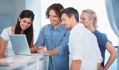 Image showing Office laptop, cooperation and team happy for online information, company revenue or sales income, insight or analytics. Social media, group project and people smile for good news, feedback or review