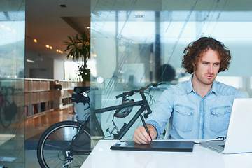 Image showing Business man, sketch tablet and computer for online website design, illustration and planning in office. Young graphic designer or artist with digital technology, laptop and screen or pen for drawing