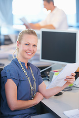 Image showing Business woman, documents and planning in office for human resources, company report and happy portrait. Professional worker or employee with paperwork, management or information and computer screen