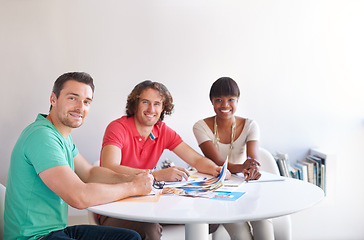 Image showing Business people, teamwork portrait and meeting for startup project, magazine proposal and collaboration at marketing agency. Group, manager and happy employees with paper, color ideas and internship