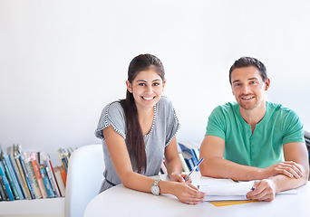 Image showing Business people, documents and teamwork portrait for collaboration, mentor advice and project proposal. Creative employees, manager and woman smile with paperwork for editing, planning and team help