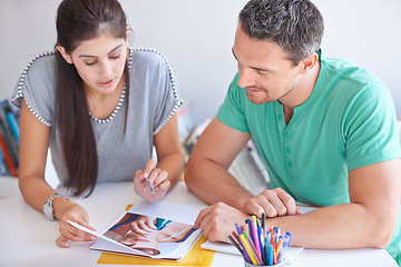 Image showing Creative people, teamwork and photograph for meeting, magazine project and mentor support or planning startup. Discussion, woman or manager with portfolio, collaboration and advertising agency