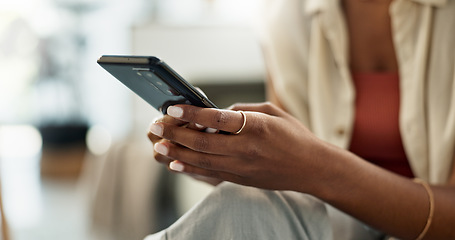 Image showing Woman, hands and typing on smartphone in home, reading social network notification and update multimedia subscription. Closeup, app and download mobile games, scroll on internet and chat to contact