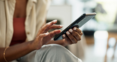 Image showing Woman, hands and scroll on smartphone in home, reading social media notification and update online subscription. Closeup, cellphone app and download mobile games, search digital network and contact