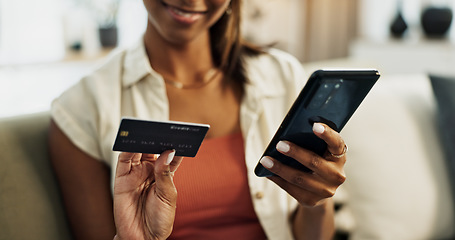 Image showing Hands, credit card and phone for closeup, person or reading with cybersecurity, fintech app or bank info in home. Woman, smartphone and payment for password, budget and discount on e commerce website