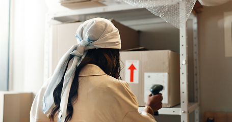 Image showing Woman, box and scan in logistics for pricing, small business or inventory inspection at warehouse. Female person checking stock, boxes or packages with scanner for price, storage or supply chain