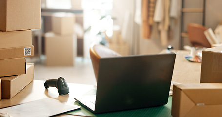 Image showing Empty office in small business, boxes or laptop for e commerce, startup or inventory in shop. Background, delivery checklist or technology for courier logistics, cargo stock or online package order