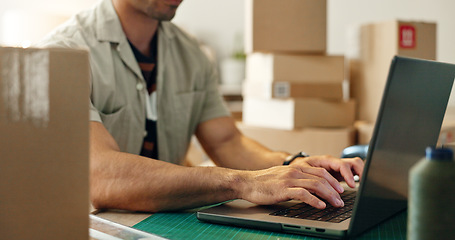 Image showing Man, laptop and hands typing in logistics, small business or supply chain for online order or delivery at office. Closeup of male person or employee working on computer and boxes for delivery at shop