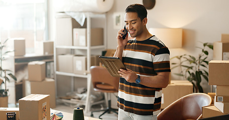 Image showing Man, phone call and boxes for online logistics, startup communication and small business courier on tablet. Entrepreneur or seller talk on mobile, digital technology and package for e commerce order