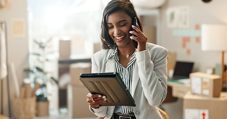 Image showing Woman, phone call and boxes with tablet for logistics, startup inventory and small business or courier. Entrepreneur or seller talking on mobile, digital technology and e commerce order with packages