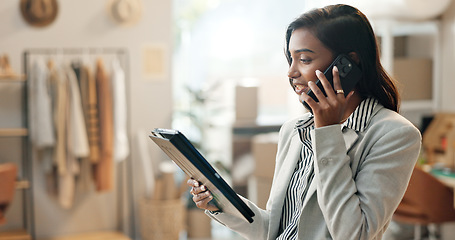 Image showing Fashion designer, phone call and tablet for logistics, startup and small business management for online shop order or courier. Woman or seller talking on her mobile, digital technology and e commerce