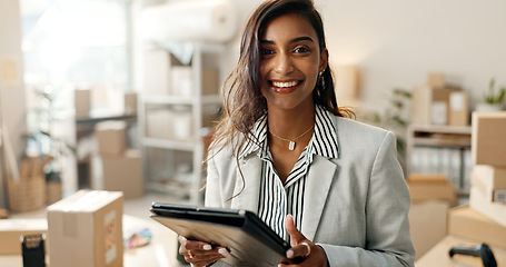 Image showing Happy woman, portrait and tablet with boxes in small business, logistics or supply chain in retail. Female person smile with technology for shipping, communication or online networking at warehouse