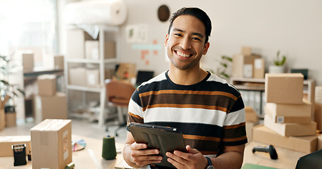 Image showing Portrait of happy man, small business or tablet for e commerce, startup or inventory in shop. Entrepreneur, smile or seller on technology for courier logistics, cargo boxes or online package order