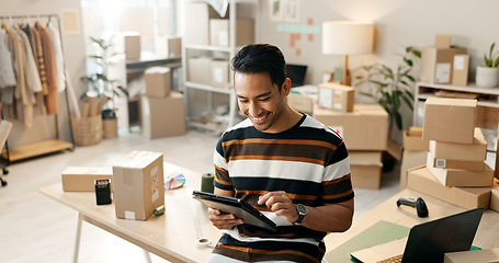 Image showing Tablet, man and digital inventory check with shipping company, logistics and e commerce with technology. Online stock checklist, package and supply chain with delivery system, software and courier