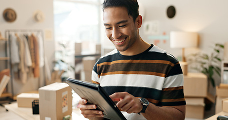 Image showing Ecommerce, smile and man with business, tablet and internet with connection, boxes and website information. Person, entrepreneur and employee with technology, email notification and contact with app