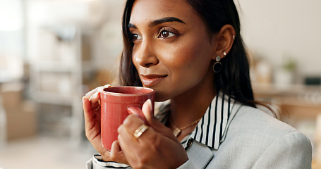 Image showing Business woman, coffee and thinking, ideas and future with morning routine with inspiration and calm. Mindfulness, caffeine or espresso drink, corporate employee with problem solving and solution