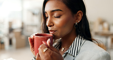 Image showing Business woman, coffee and peace with morning, routine with smell or aroma of drink, inspiration and calm. Mindfulness, caffeine or espresso beverage, start the day or break with corporate employee