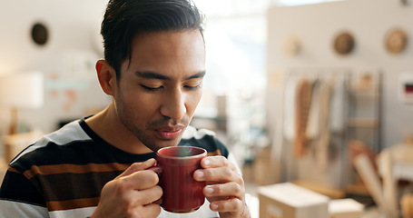 Image showing Man, blow on coffee and peace with morning, routine with aroma of drink and delivery with small business and supplier. Mindfulness, caffeine or espresso beverage, start the day or break in workshop