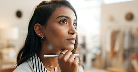 Image showing Professional woman, thinking and ideas in boutique with small business owner, future and inspiration for store. Insight, knowledge and brainstorming, decision and solution for shipping company