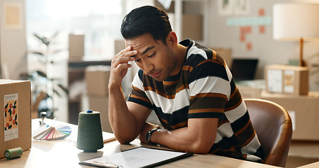 Image showing Frustrated man, headache and stress with boxes in anxiety, mistake or overworked in logistics at office. Male person with migraine, mental health or depression in fatigue, fail or bankruptcy and debt