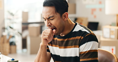 Image showing Yawning, man and tired with shipping small business, delivery company and brain fog with company owner. Exhausted, burnout and inventory check, supply chain and overtime with overworked worker