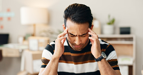 Image showing Frustrated man, headache and stress in mistake, fail or overworked in logistics at office. Closeup of male person with migraine, anxiety or mental health in fatigue, depression or bankruptcy and debt