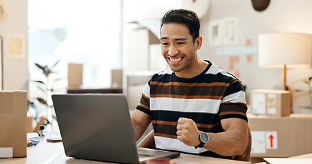Image showing Business man, boxes and celebration on laptop for startup success, e commerce sales and profit or bonus in office. Entrepreneur, seller or Asian winner reading news of courier and winning on computer