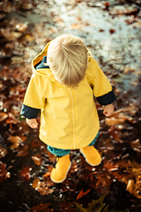 Image showing Small bond infant boy wearing yellow rubber boots and yellow waterproof raincoat walking in puddles on a overcast rainy day. Child in the rain.