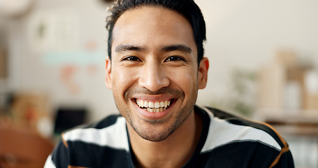Image showing Portrait, smile and a designer man in his workshop for supply chain logistics, shipping or delivery. Face, happy and a young creative employee in a small business office for distribution or import