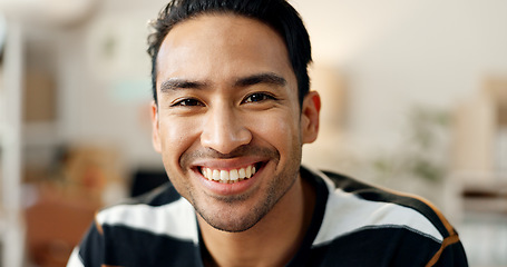 Image showing Portrait, smile and a creative man in his workshop for supply chain logistics, shipping or delivery. Face, happy and a young designer employee in a small business office for distribution or import