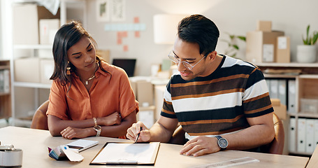 Image showing Small business, checklist and people with logistics and planning an order, schedule or calendar. Workplace, paperwork and employees in discussion with stock, inventory or shipping distribution