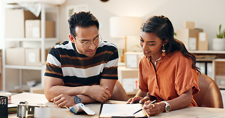 Image showing Training, employee and woman in small business with logistics, checklist or planning a schedule in office. Working, strategy and people check inventory, paperwork or reading rules of workplace