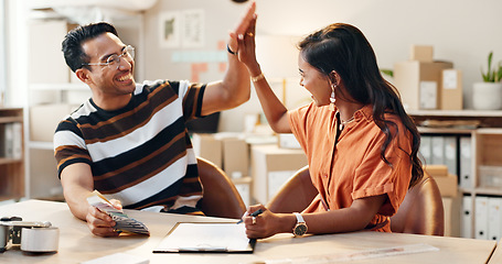 Image showing Happy people, high five and teamwork for design, success or sale with color swatches at store. Excited man and woman touching hands with smile for team promotion, winning or collaboration at workshop