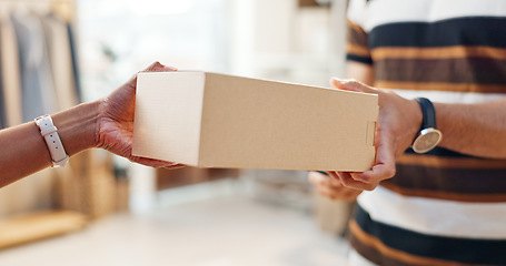 Image showing Box, hands and delivery with ecommerce and logistics, courier service with customer and supplier. Package closeup, product and shipping, supply chain and people with industry and online shopping